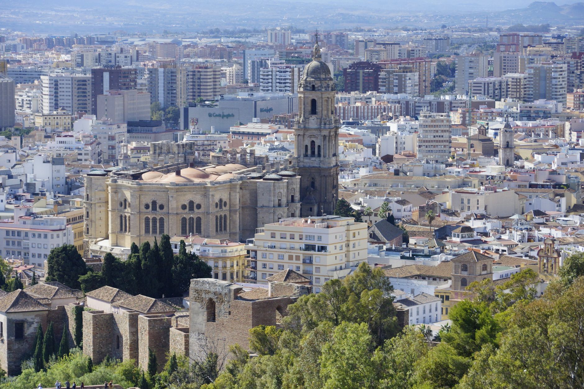 View over the rooftops of Malaga, Spain toward the cathedral