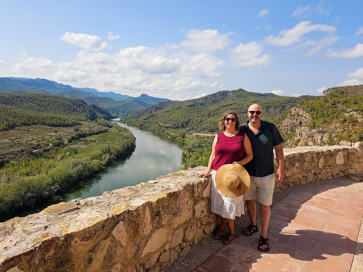 Mairin and Todd at a stone overlook above the Ebro river gorge in the hills of Catalonia, Spain