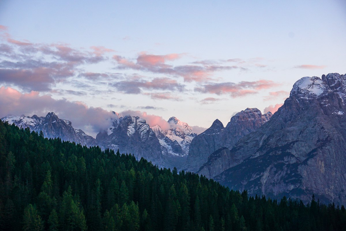 Pink-lit peaks of the Dolomites at dusk above a pine forest in Italy